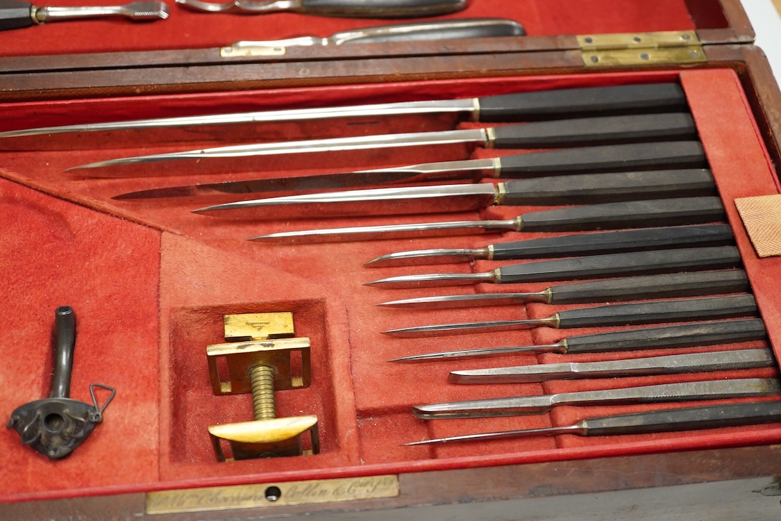 A 19th century surgeon’s set by Collin & Cil., Paris, in a fitted mahogany case, comprising of steel surgeons instruments; knives, scalpels, scoops, tourniquet, saws, rasps, some instruments stamped with maker’s name, wi